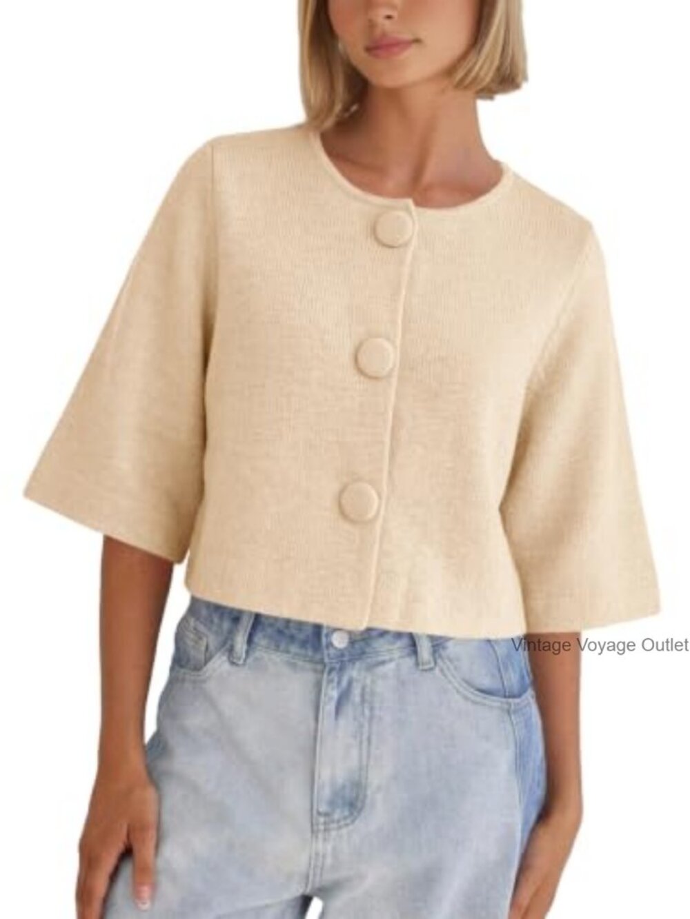 Cropped Half Sleeve Cardigan Sweater Knit Button Down Top